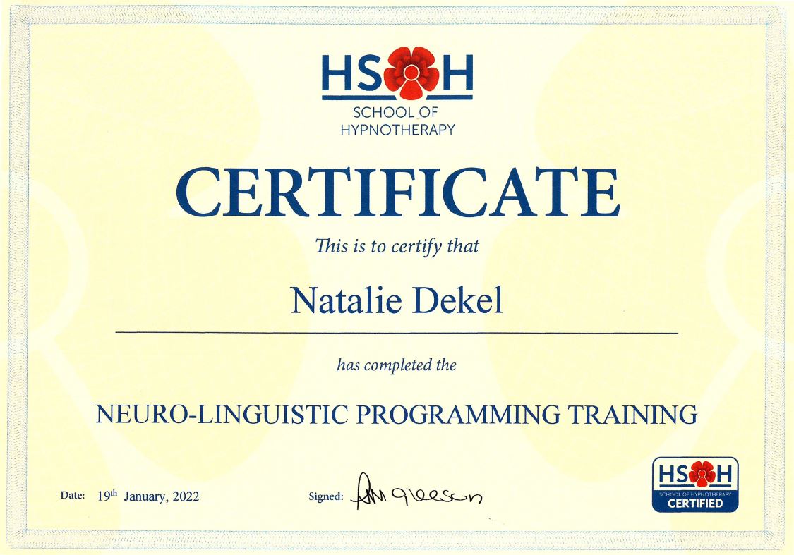 Neuro-linguistic- certificate, Natalie Dekel.